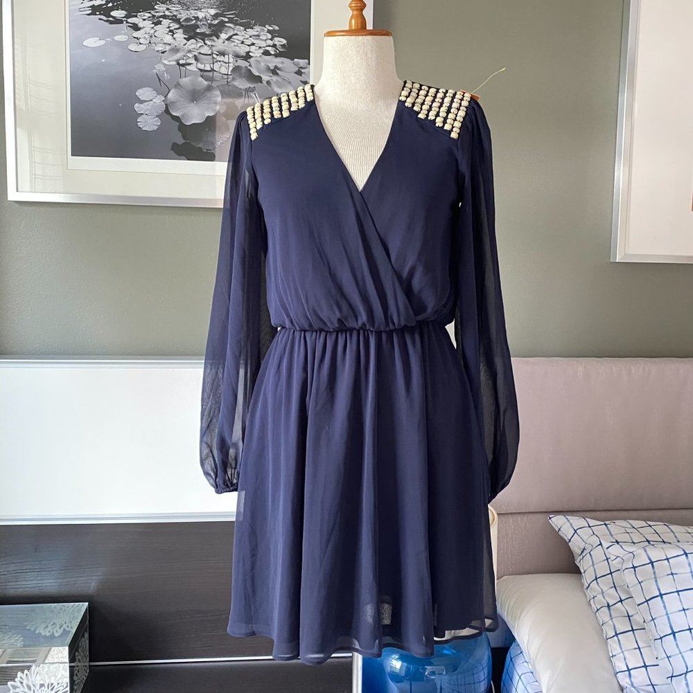 ❤️ ASOS Navy Long Sleeve Party Dress with Shoulder Beads US2   - J183